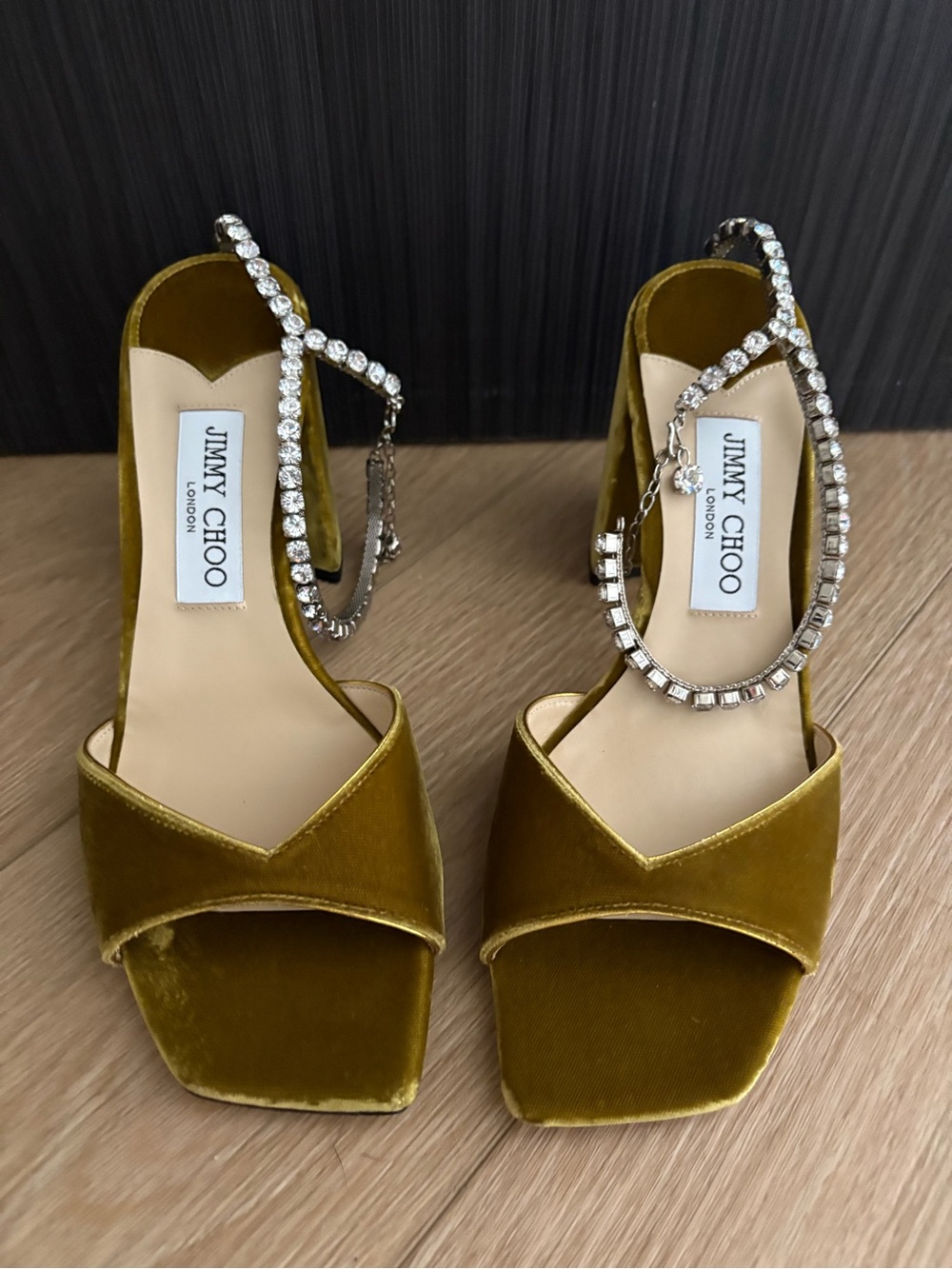 Jimmy Choo Olive Velvet Crystal-Ankle Strap Heels - Picture 2 of 4